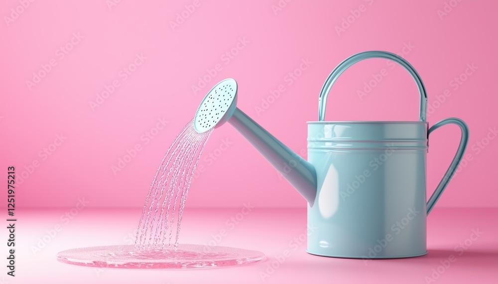 Obraz premium Blue Watering Can On Pink Background Pouring Water In Agriculture. Essential Tool Equipment For Gardening. Beautifully Rendered Illustration Of Gardening Equipment.