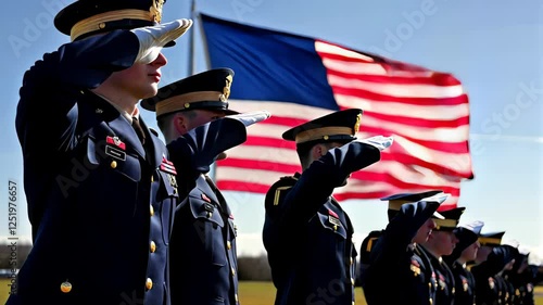 Uniformed american soldiers standing in precise formation, solemnly saluting rippling national flag beneath bright sunlight, representing military pride and national honor