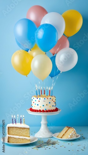 Obraz na płótnie birthday confetti blue cake light party balloons background birthday balloon party balloon celebration decoration confetti gift illustration fun colourful happy ribbon colours invitation cake blue w salonie