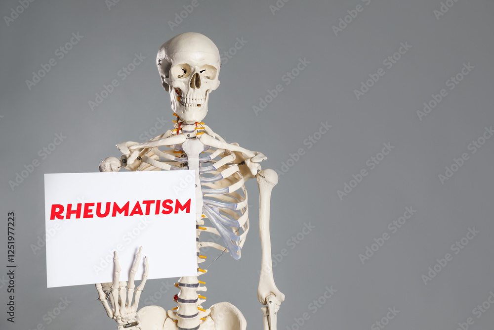 Rheumatism. Artificial human skeleton model holding paper with word on grey background, space for text Rheumatism. Artificial human skeleton model holding paper with word on grey background, space for text