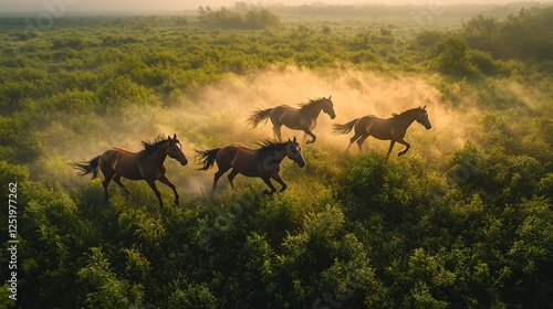 Wild Horses Galloping Through a Sunlit Field at Sunrise