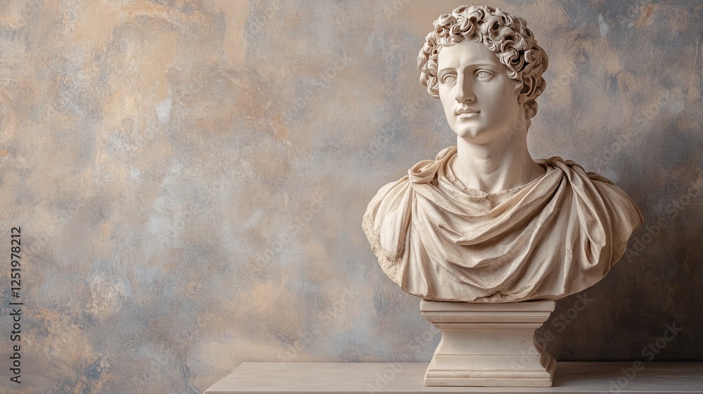 Naklejka premium A classic bust of a historical figure, carved in stone, placed on a simple, neutral background to highlight its timeless appeal. 