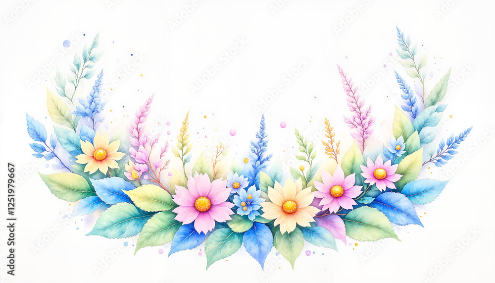Vibrant watercolor wreath of spring flowers and leaves, seasonal transition Vibrant watercolor wreath of spring flowers and leaves, seasonal transition