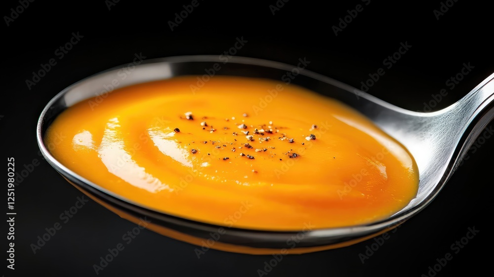 Spoon with creamy pumpkin soup, black background Spoon with creamy pumpkin soup, black background