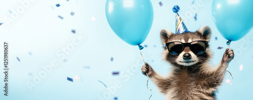 Obraz na płótnie Funny cute raccoon wearing sunglasses holding happy birthday balloons and confetti explosion flying around greeting card on blue background with copy space. w salonie