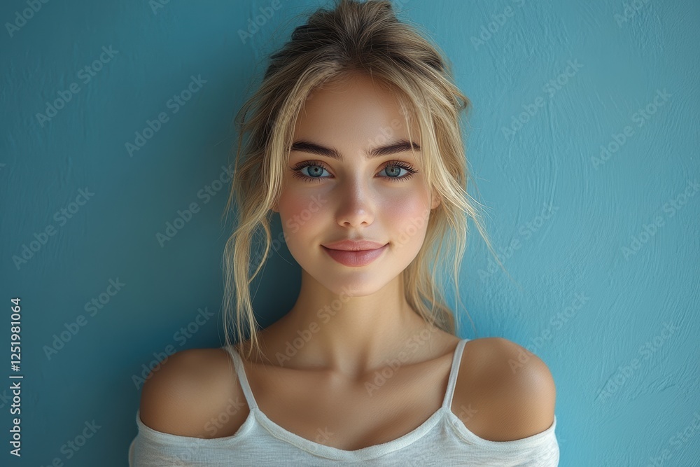Obraz premium A portrait of a young woman with a serene expression against a blue background.