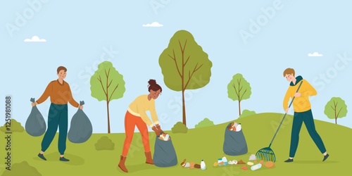 Volunteers cleaning park, picking up trash, and raking leaves. Group of people collect trash in litter bags, flat vector illustration. Outdoor teamwork promoting environmental care.