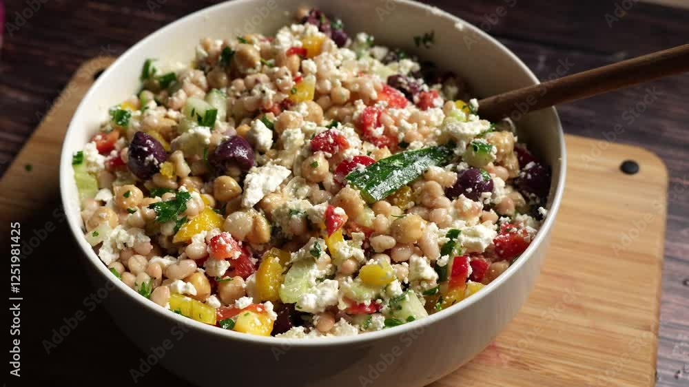 Mediterranean dense bean salad with chickpeas, feta, garbanzo beans, parsley, onion, olives and lemon dressing Mediterranean dense bean salad with chickpeas, feta, garbanzo beans, parsley, onion, olives and lemon dressing