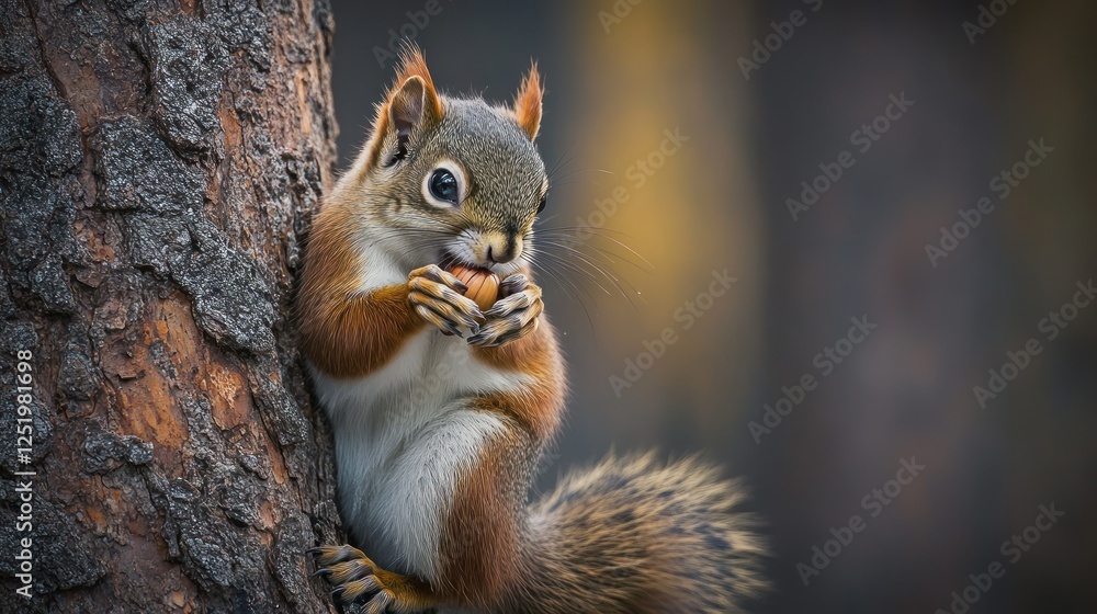 Fototapeta premium Red Squirrel Eating Nut On Tree Trunk