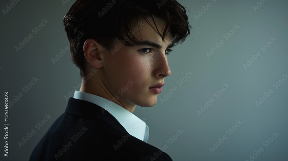 Young man in suit turned in half profile Young man in suit turned in half profile