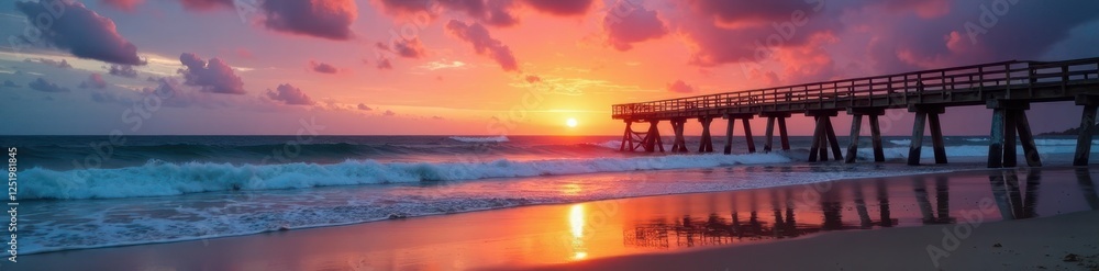 Lonely beach at sunset with old wooden pier and waves breaking against it, beach, pier