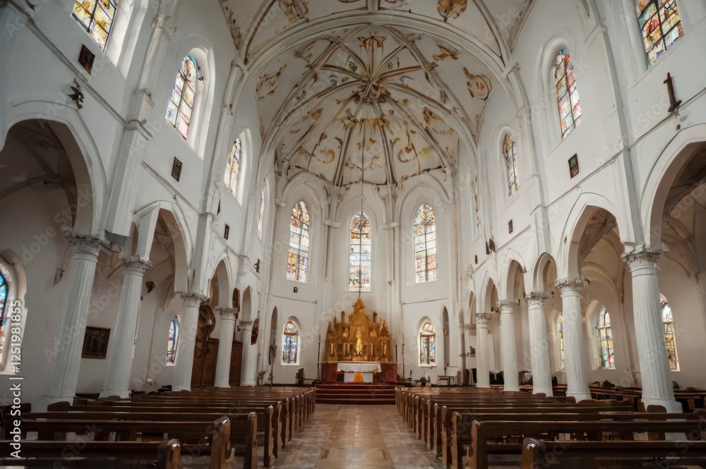 Fototapeta premium Charming White Church Surrounded by Palm Trees