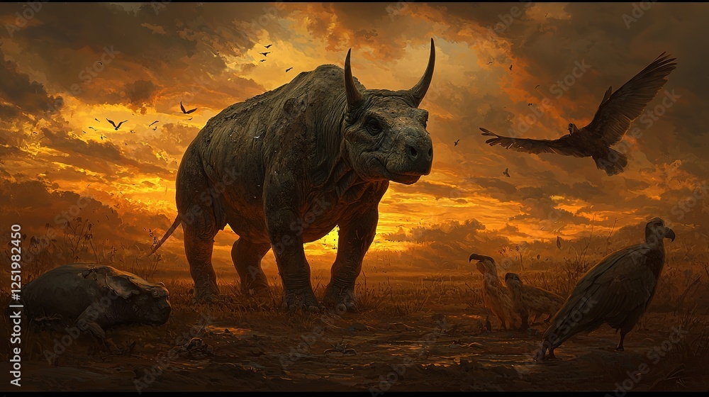 Fototapeta premium Inspirational artwork rhinos facing survival challenges in a vulnerable habitat
