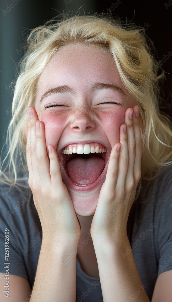 A young girl laughs with her hands covering her face, eyes closed in pure joy. A young girl laughs with her hands covering her face, eyes closed in pure joy.
