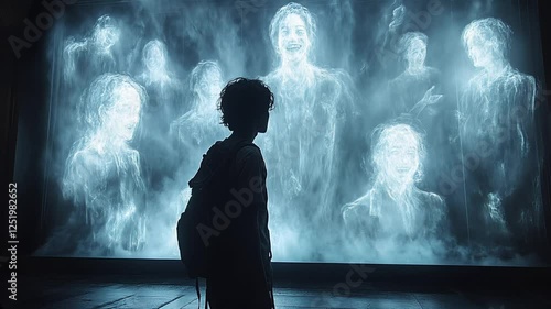 Portrait of a young man surrounded by spectres of people laughing at him. Conceptual image of bullying