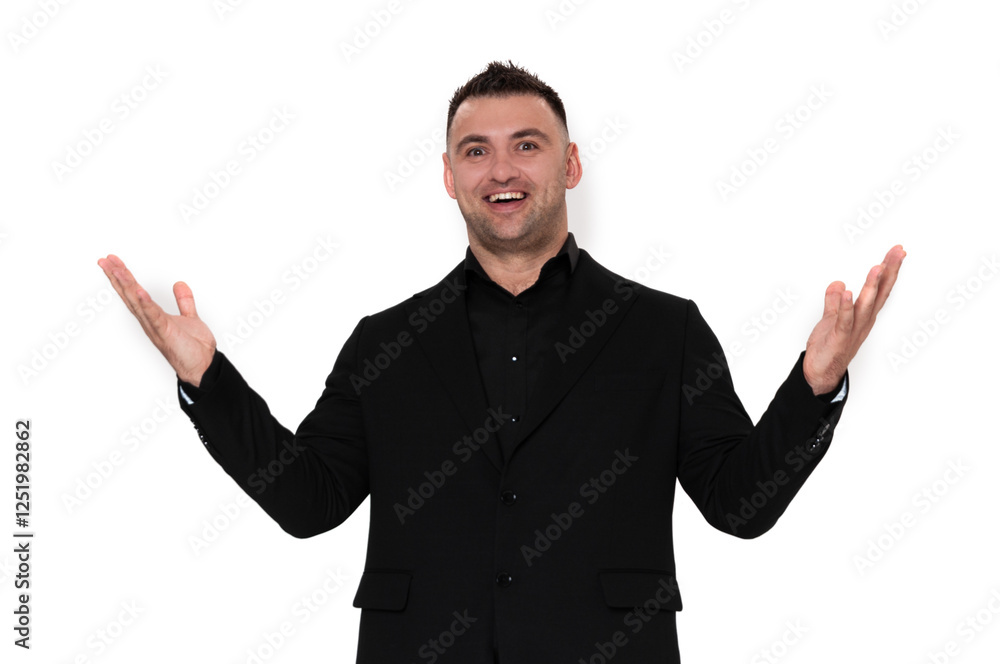 A handsome dark-haired man wearing a business suit, a black shirt on a white background A handsome dark-haired man wearing a business suit, a black shirt on a white background