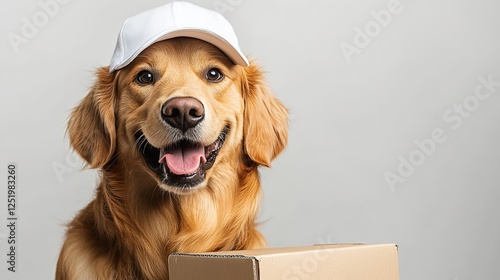 a happy golden retriever dog wearing a white cap and holding a cardboard box photo