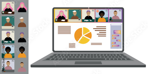 Video call conference, working from home. Colleagues of different nationalities and ages talk to each other on the laptop screen. Isolated illustration on white background in flat style trendy colors