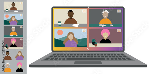 Video call conference, working from home. Colleagues of different nationalities and ages talk to each other on the laptop screen. Isolated illustration on white background in flat style trendy colors