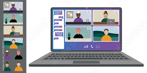 Video call conference, working from home. Colleagues of different nationalities and ages talk to each other on the laptop screen. Isolated illustration on white background in flat style trendy colors