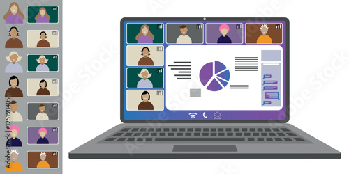 Video call conference, working from home. Colleagues of different nationalities and ages talk to each other on the laptop screen. Isolated illustration on white background in flat style trendy colors