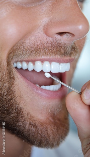 Close-up of a man's mouth with a dental instrument applying a small amount of filling material to a tooth.