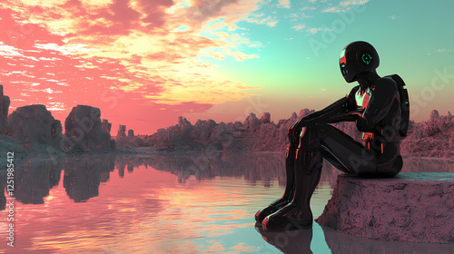 3d render of a sentient ai entity contemplating its existence in a virtual realm filled with surreal landscapes and neon skies. Sentient Landscapes. Illustration