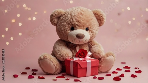 Fluffy Cute Teddy Bear Holding a Heart-Shaped Gift 