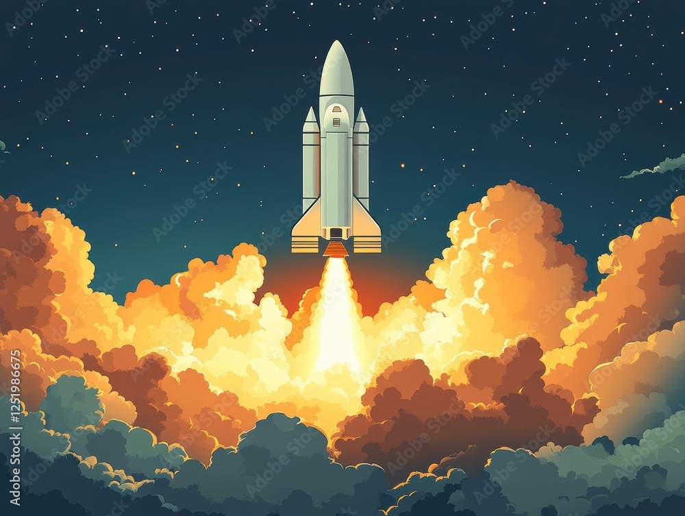 Naklejka premium A rocket launching into the sky, surrounded by vibrant clouds and stars.