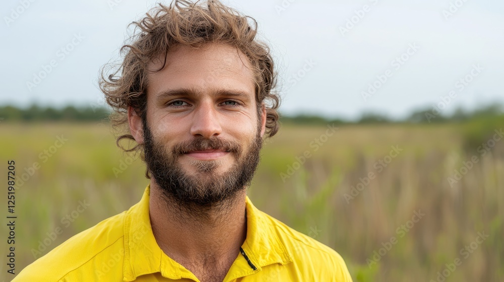 Man smiling outdoors, grassy field background, portrait, profile image Man smiling outdoors, grassy field background, portrait, profile image
