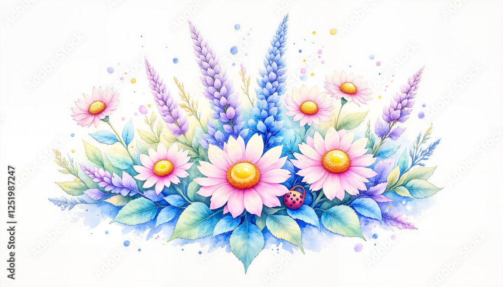 Stylized lavender and daisies with ladybug, soft watercolor beauty Stylized lavender and daisies with ladybug, soft watercolor beauty