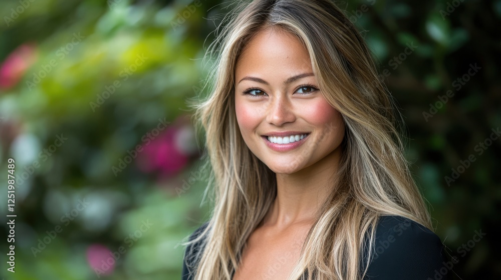 Portrait of a woman with long blonde hair, smiling warmly against a blurred green background. Portrait of a woman with long blonde hair, smiling warmly against a blurred green background.