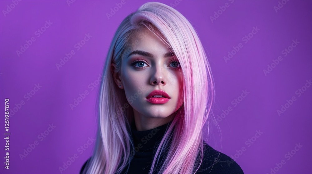 Elegant young woman with long pastel pink and platinum blonde hair posing against a vibrant purple background Elegant young woman with long pastel pink and platinum blonde hair posing against a vibrant purple background