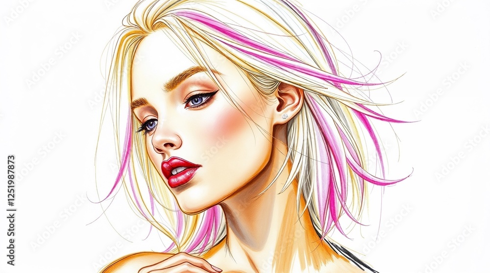 Artistic illustration of a stylish woman with platinum blonde hair and pink highlights in a dynamic pose Artistic illustration of a stylish woman with platinum blonde hair and pink highlights in a dynamic pose