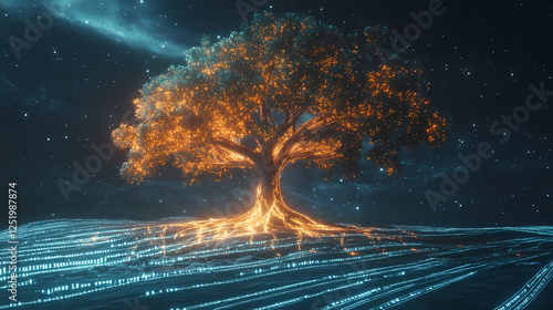 A spacefaring tree with sentience, its branches formed by glowing streams of digital information. Sentient Landscapes. Illustration photo