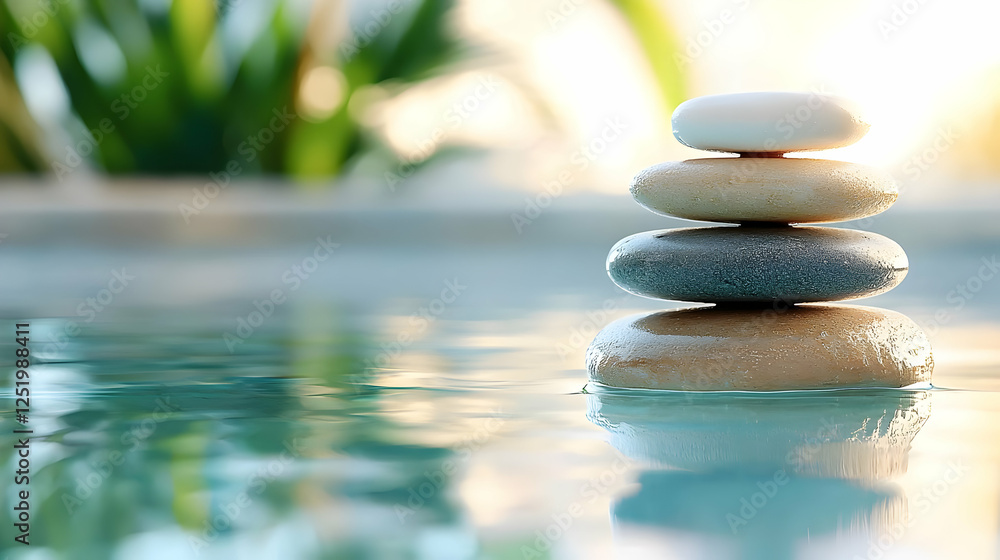 Obraz premium Balanced stones in pool, tranquil garden backdrop, serenity