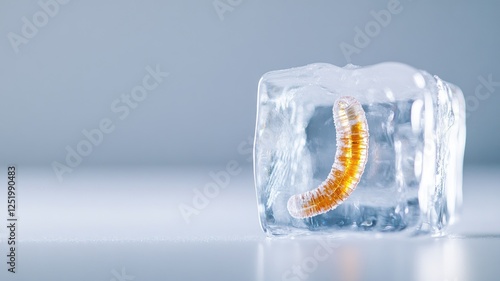 Frozen insect entombed in clear ice block on light background
