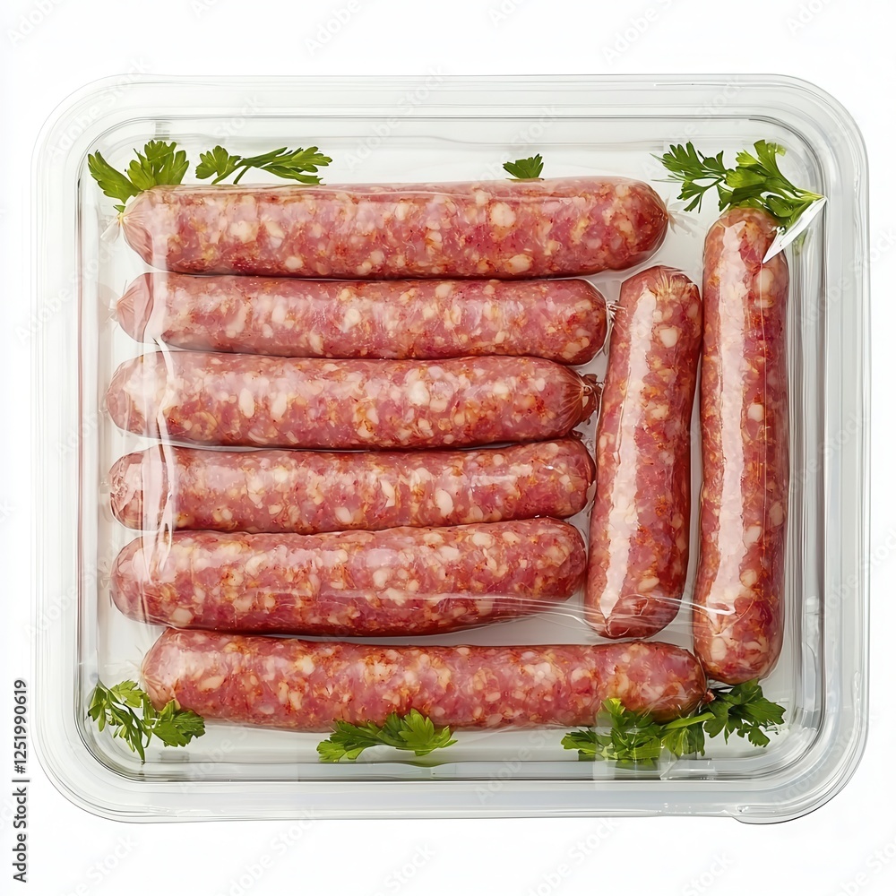 Fresh meat in a clear container. A clear plastic tray contains several raw sausages, garnished with fresh cilantro leaves. Fresh meat in a clear container. A clear plastic tray contains several raw sausages, garnished with fresh cilantro leaves.