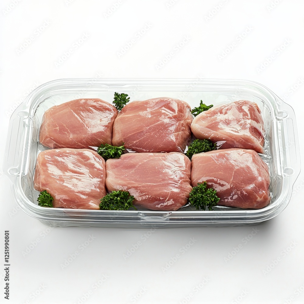 Fresh meat in a clear container. Fresh, uncooked chicken thighs neatly arranged in a glass dish with parsley garnishes, ready for cooking or meal preparation. Fresh meat in a clear container. Fresh, uncooked chicken thighs neatly arranged in a glass dish with parsley garnishes, ready for cooking or meal preparation.
