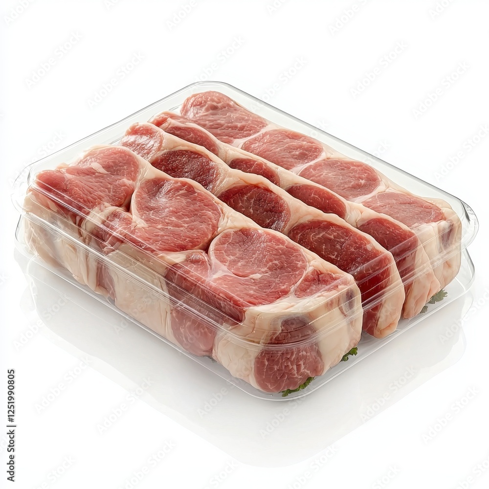 Fresh meat in a clear container. A packaged tray of fresh meat cuts, neatly arranged and ready for sale, showcasing their marbled texture and vibrant color. Fresh meat in a clear container. A packaged tray of fresh meat cuts, neatly arranged and ready for sale, showcasing their marbled texture and vibrant color.