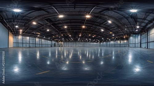 A full seamless spherical HDRI panorama capturing a 360-degree view of a large empty room, resembling a warehouse, hangar, or gallery with spotlights in equirectangular projection, generated by AI.