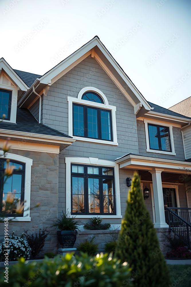Fototapeta premium Luxury Modern Home Exterior: Gray Stone Facade, Elegant Design, Curb Appeal