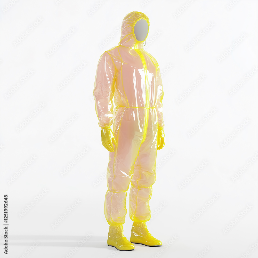 A yellow transparent plastic protective suit for rain or chemical work on a mannequin against a white background.