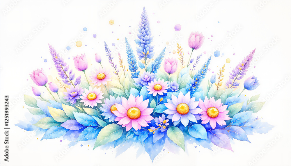 Whimsical bouquet of lavender, daisies, and tulips in pastel watercolor, beauty Whimsical bouquet of lavender, daisies, and tulips in pastel watercolor, beauty