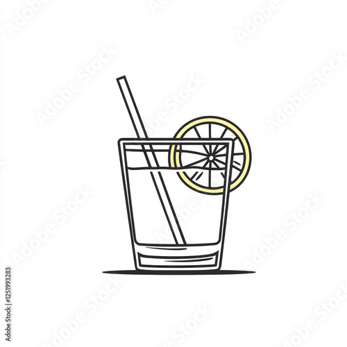 Simple line art illustration of a cocktail with lemon slice and straw photo