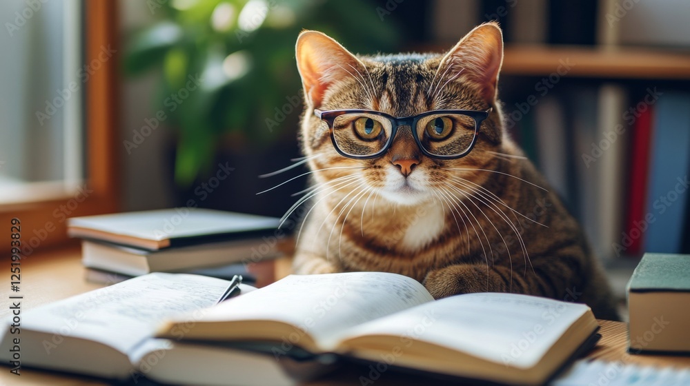 Intelligent Cat Wearing Glasses Reading Books - A Smart Pet's Educational Moment