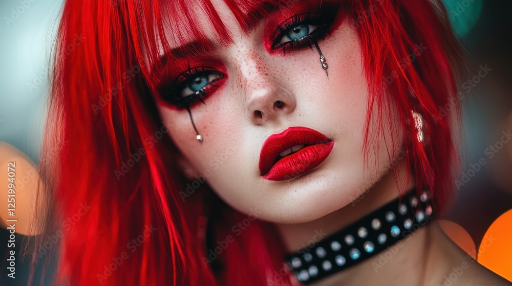 Red-haired model with dramatic makeup, featuring vibrant red lipstick and elaborate eye makeup with a teardrop design. Red-haired model with dramatic makeup, featuring vibrant red lipstick and elaborate eye makeup with a teardrop design.