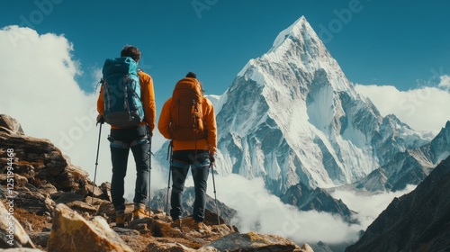 Awe-Inspiring Mountain View: Hikers Contemplating Majestic Peaks photo