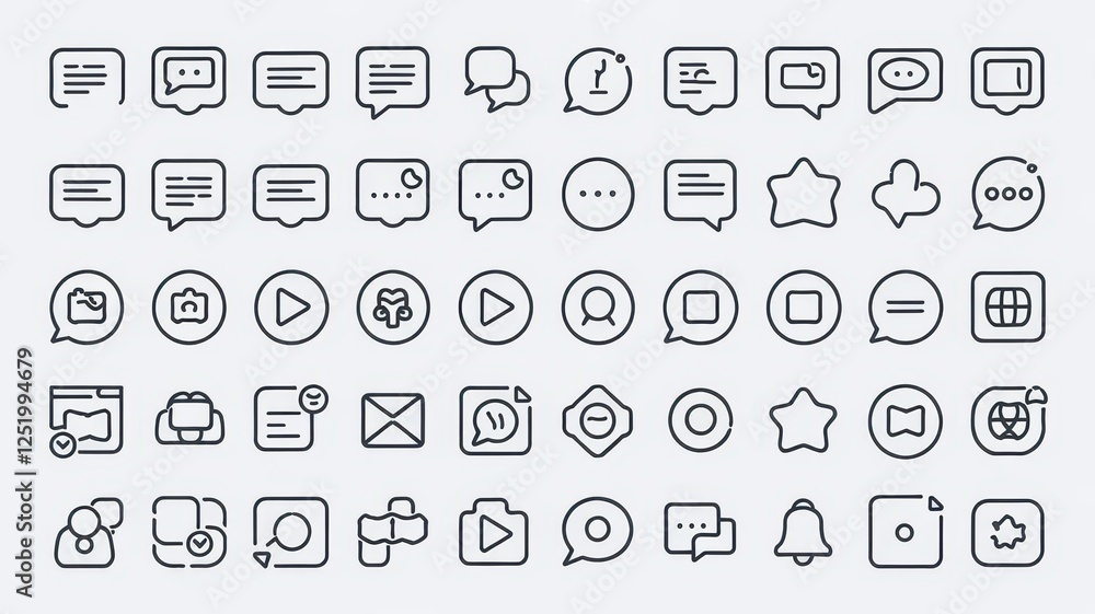 A diverse collection of chat and media icons, showcasing various communication symbols in a minimalist design on a light background. A diverse collection of chat and media icons, showcasing various communication symbols in a minimalist design on a light background.
