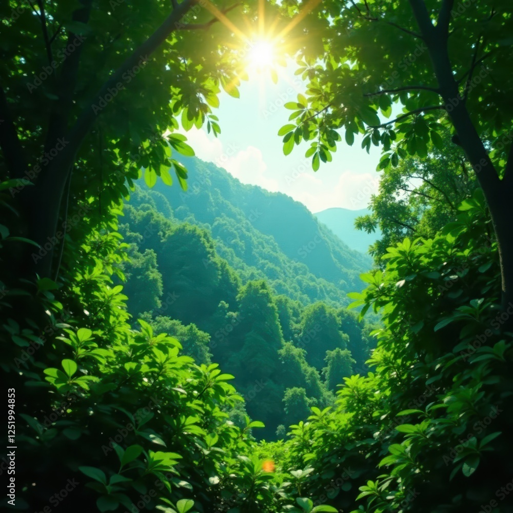 Obraz premium Sun-drenched Guadeloupe rainforest canopy, vibrant green foliage, sunlight, sun, vibrant